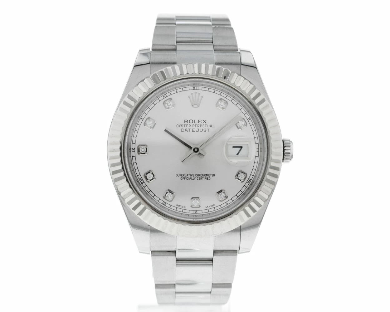 Rolex Datejust Silver Diamond Dial Fluted Bezel Osyter Bracelet Steel Watch 116334