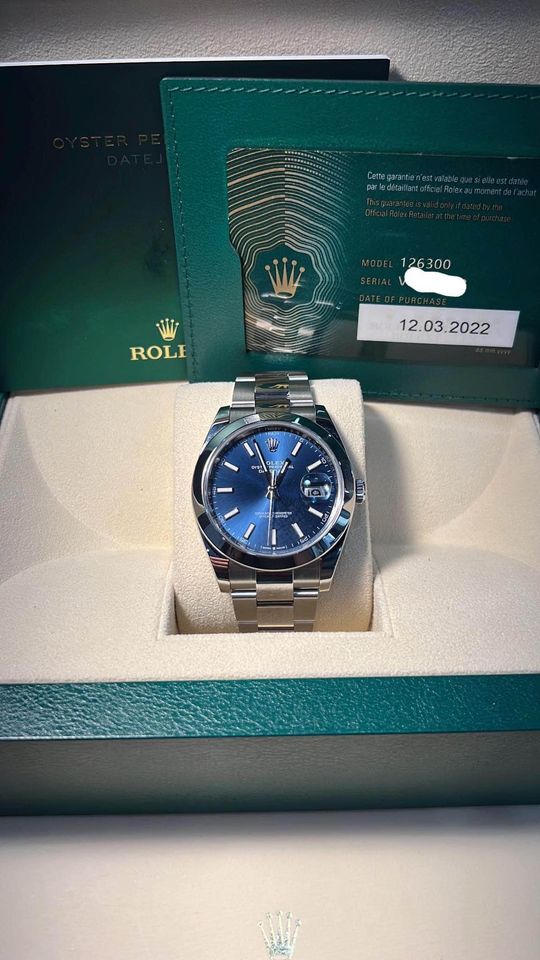 Rolex Datejust Blue Stick Dial Smooth Bezel Oyster Steel Watch 126300