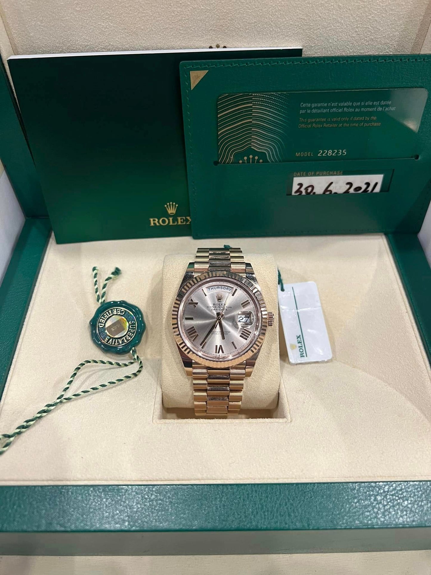 ROLEX Rose Gold Daydate 40 228235 40MM Sundust Roman DIAL WITH ROSE GOLD PRESIDENT BRACELET BOX + PAPERS