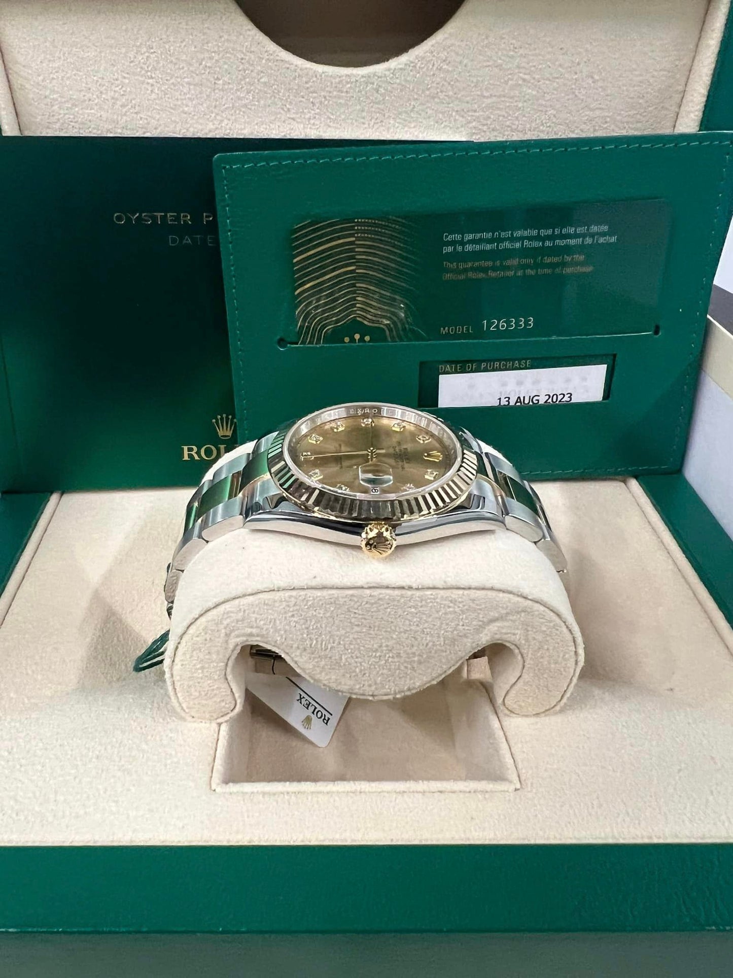 2023 Rolex DateJust 41 Champagne Diamond Dial 18K yellow Gold 41mm Oyster 126333 B+P