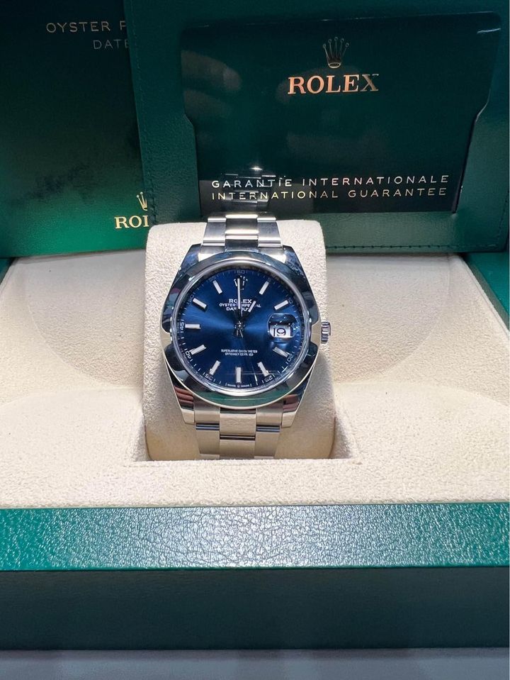 Rolex Datejust Blue Stick Dial Smooth Bezel Oyster Steel Watch 126300