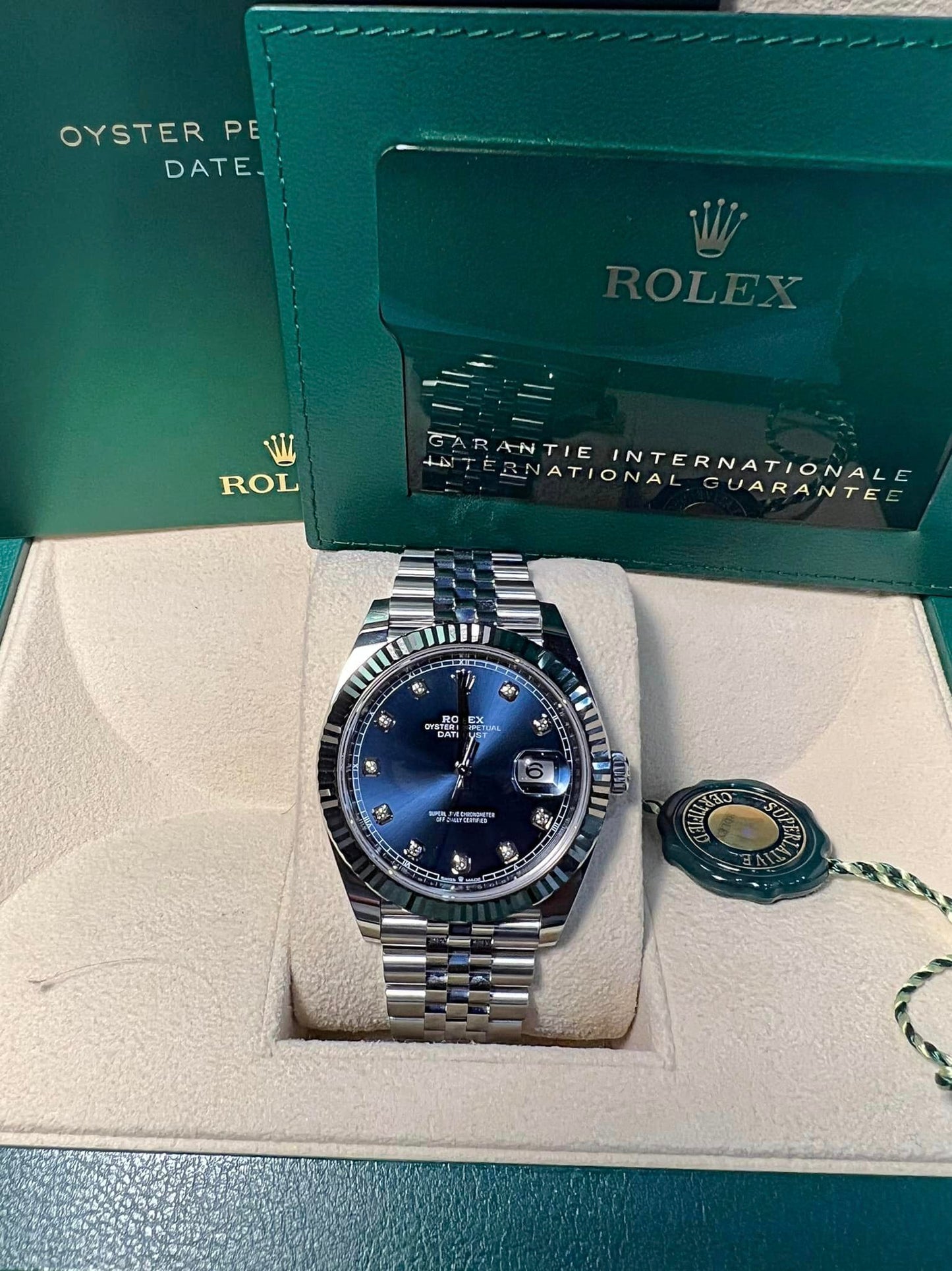 Rolex Datejust Blue Diamond Dial Fluted Bezel Jubilee Steel Watch 126334