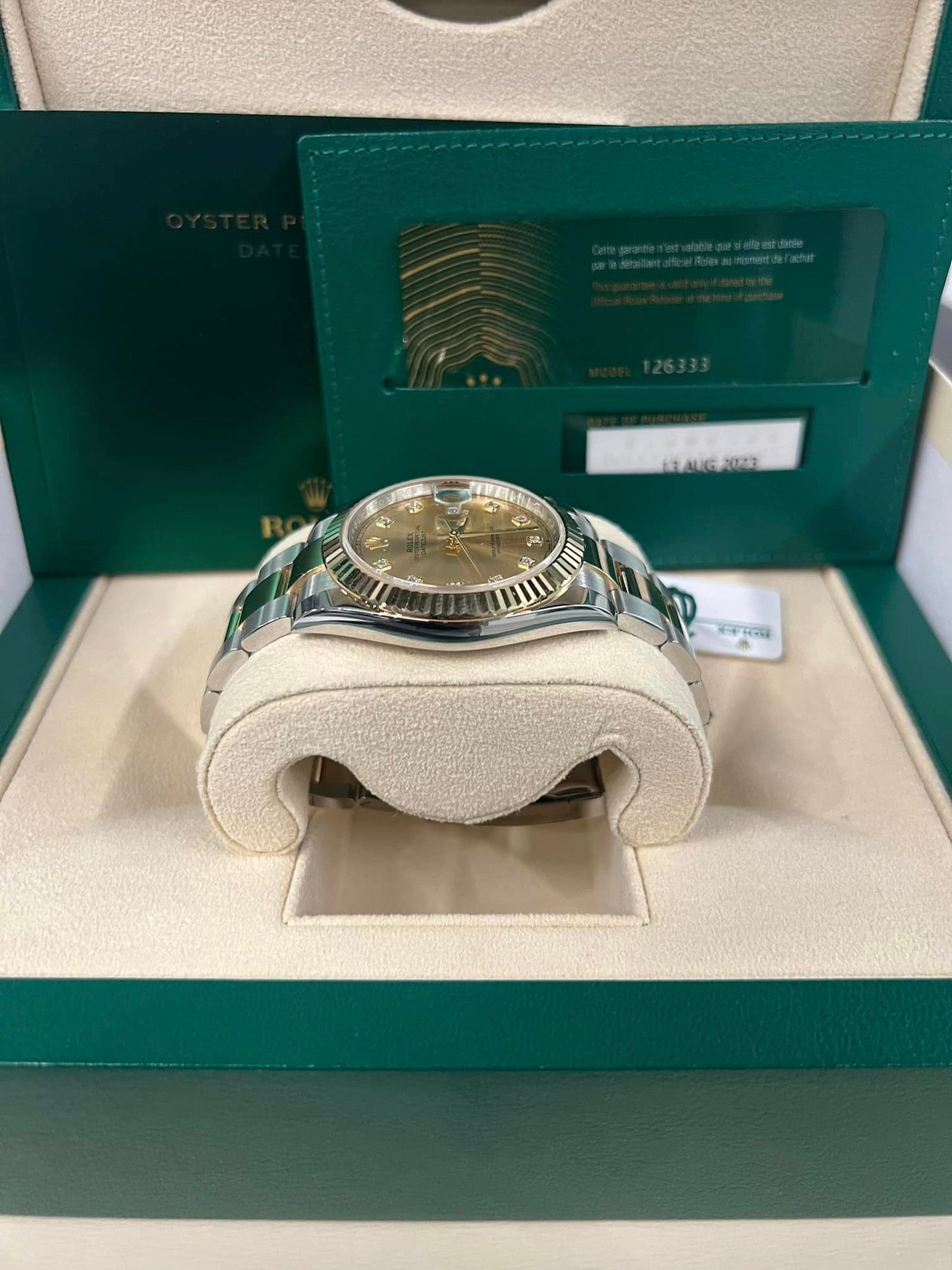 2023 Rolex DateJust 41 Champagne Diamond Dial 18K yellow Gold 41mm Oyster 126333 B+P