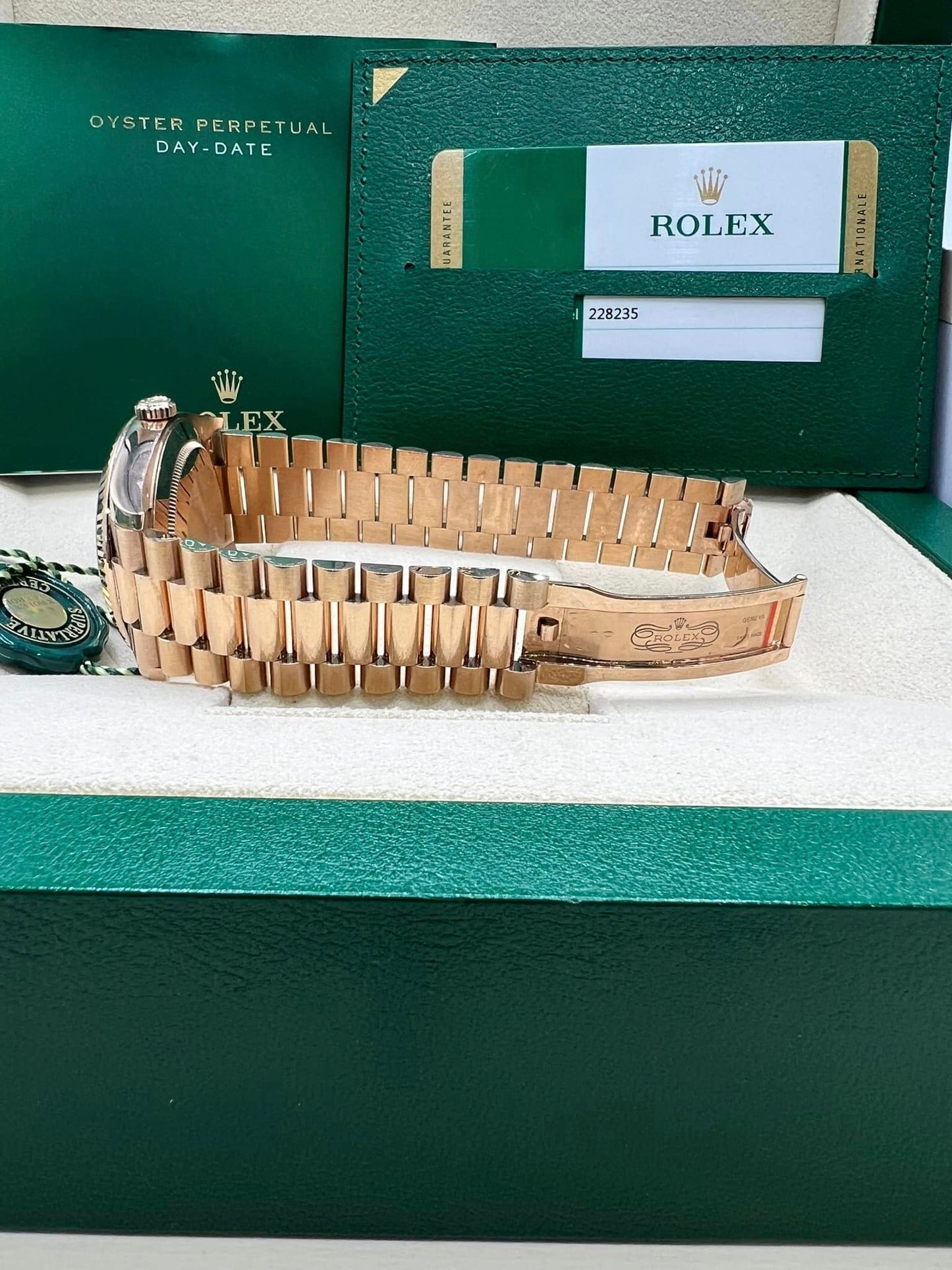 ROLEX Rose Gold Daydate 40 228235 40MM Olive DIAL WITH ROSE GOLD PRESIDENT BRACELET BOX + PAPERS