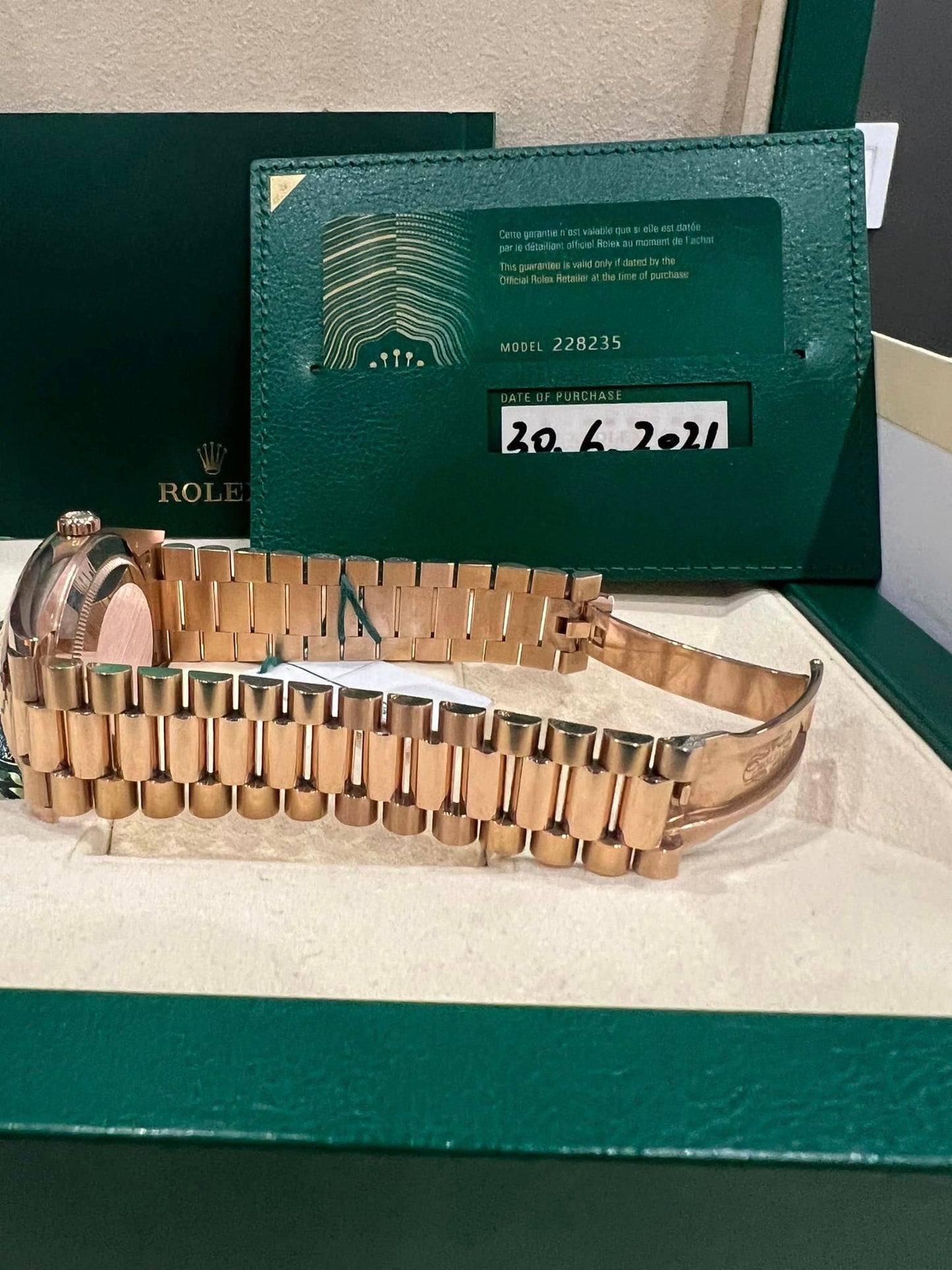 ROLEX Rose Gold Daydate 40 228235 40MM Sundust Roman DIAL WITH ROSE GOLD PRESIDENT BRACELET BOX + PAPERS