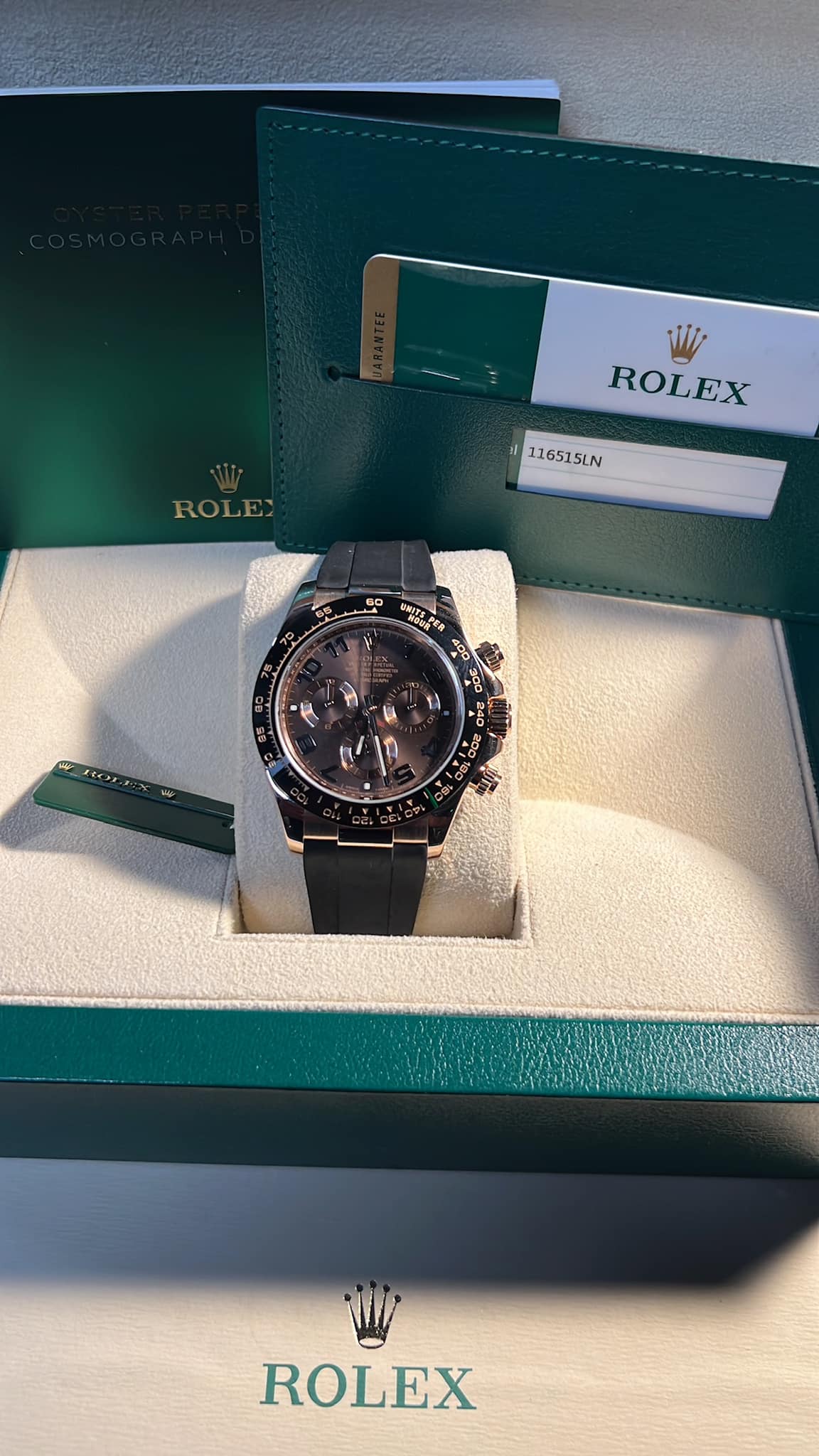 2016 Rose Gold Rolex Daytona Chocolate Dial Oysterflex Watch 116515 B+P Box/Papers