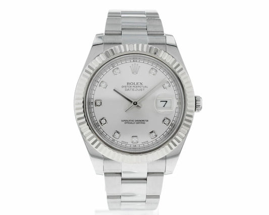 Rolex Datejust Silver Diamond Dial Fluted Bezel Osyter Bracelet Steel Watch 116334