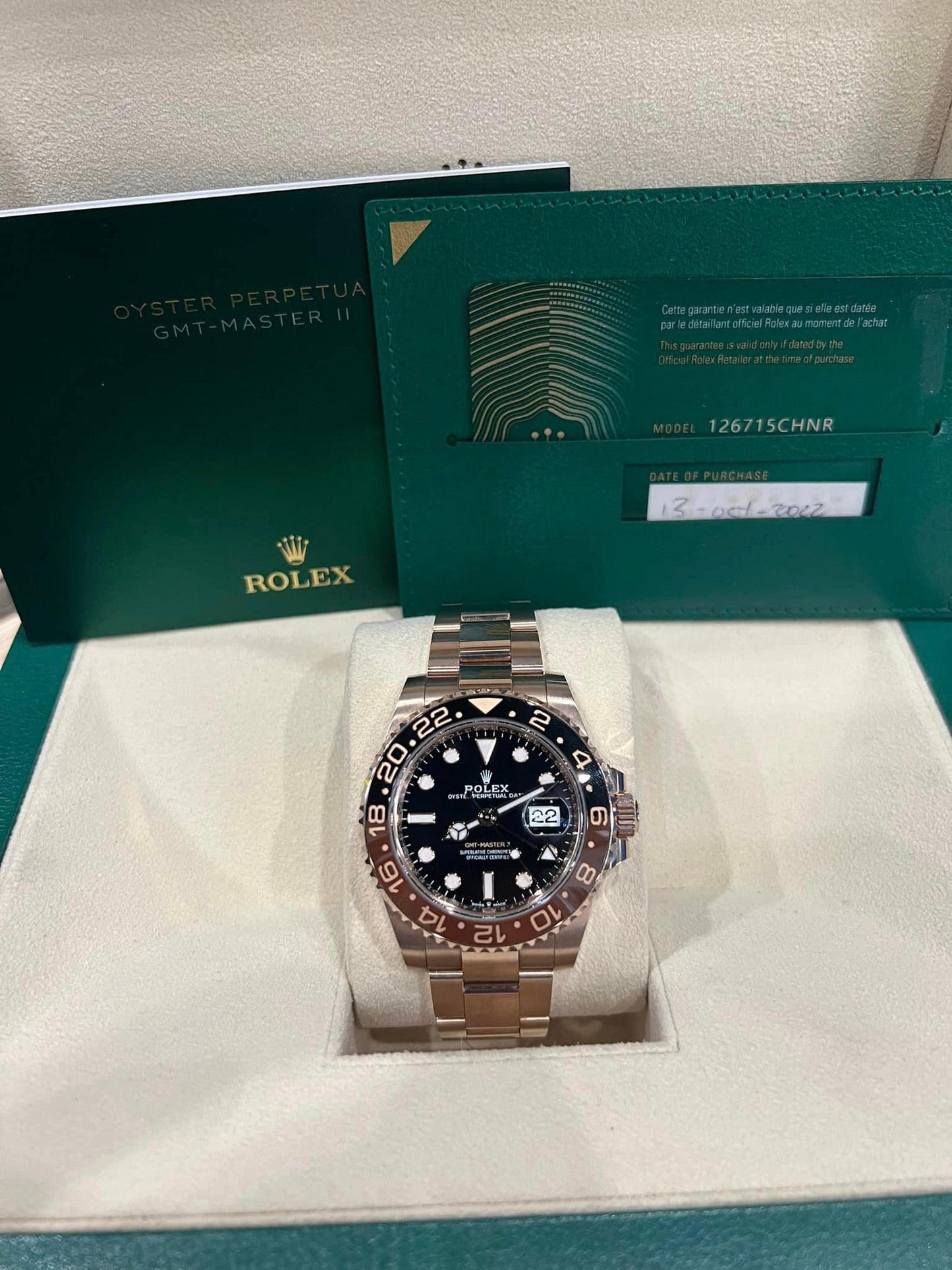 ROLEX GMT-MASTER II 126715 40MM BLACK DIAL WITH ROSE GOLD OYSTER BRACELET BOX + PAPERS Rootbeer