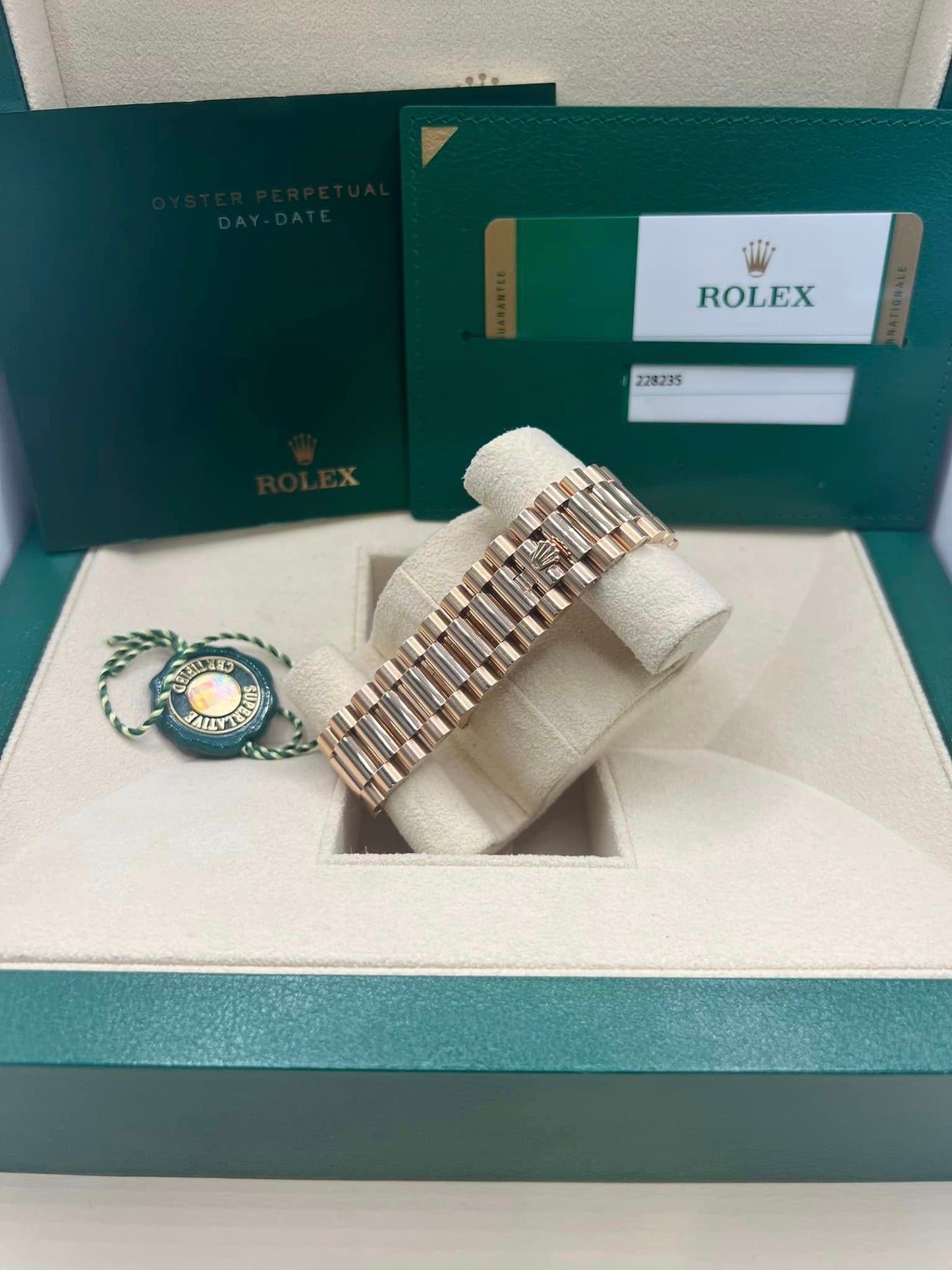 ROLEX Rose Gold Daydate 40 228235 40MM Olive DIAL WITH ROSE GOLD PRESIDENT BRACELET BOX + PAPERS