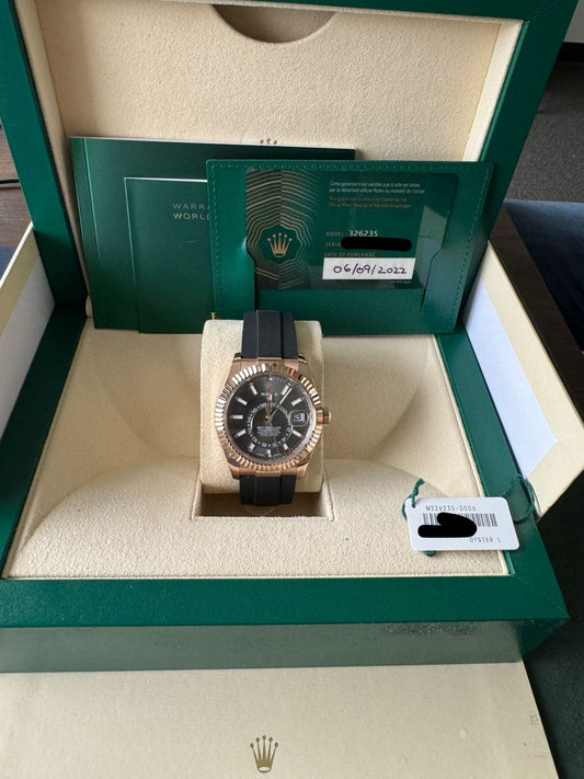 ROLEX ROSE GOLD OYSTERFLEX SKY-DWELLER 326235 42MM RHODIUM DIAL Box +Papers