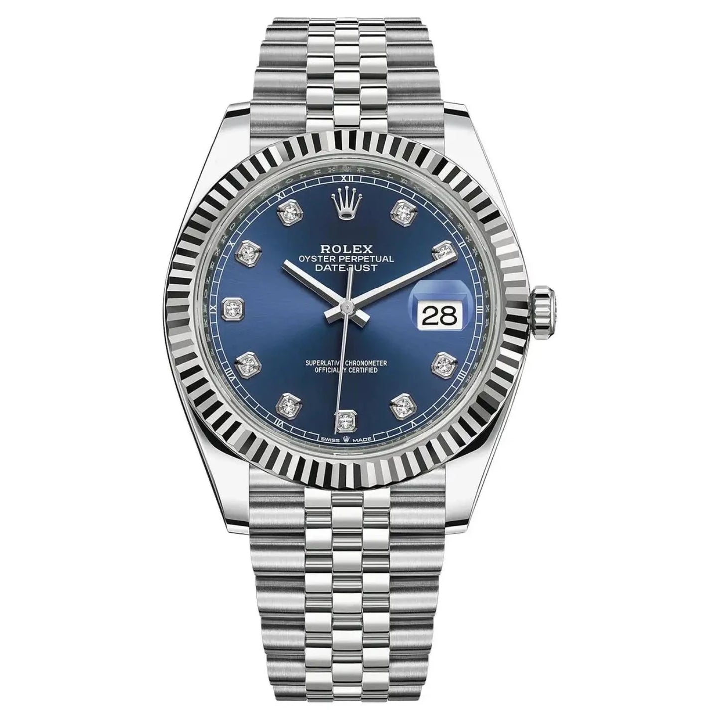 Rolex Datejust Blue Diamond Dial Fluted Bezel Jubilee Steel Watch 126334